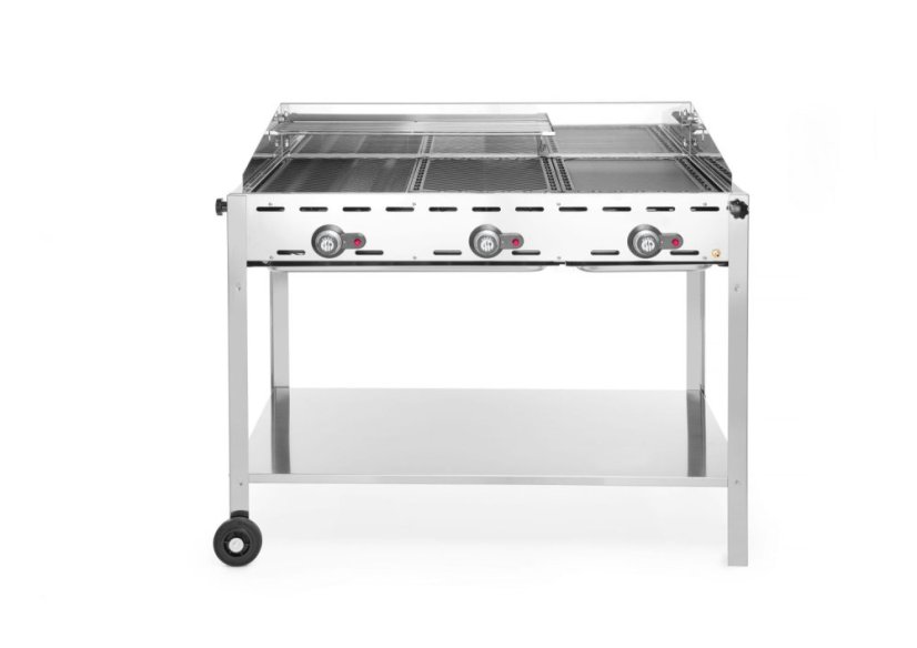 Plynový gril Green Fire 3 hořáky, HENDI, Profi Line, Vybaveno spodní policí a kolečky., 17,4kW, 1078x612x(H)825mm