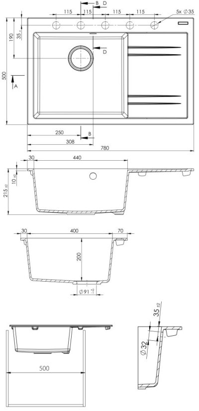 Sinks RIM 780 L Titanium levý