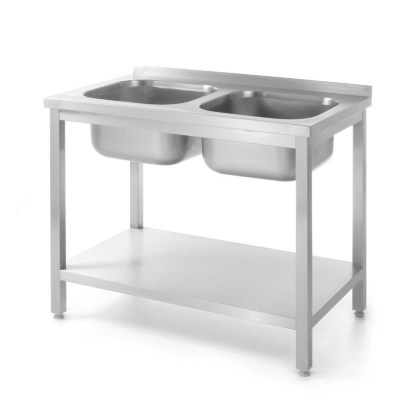Stůl se 2 dřezy a policí, přišroubovaný, HENDI, Kitchen Line, dva dřezy, 1000x600x(H)850mm Stůl se 2 dřezy a policí, přišroubovaný, HENDI, Kitchen Line, dva dřezy, 1000x600x(H)850mm