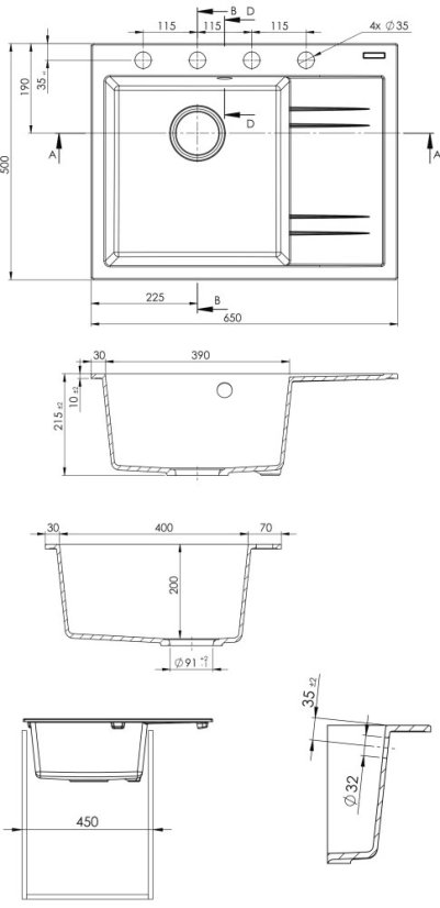 Sinks RIM 650 L Metalblack levý