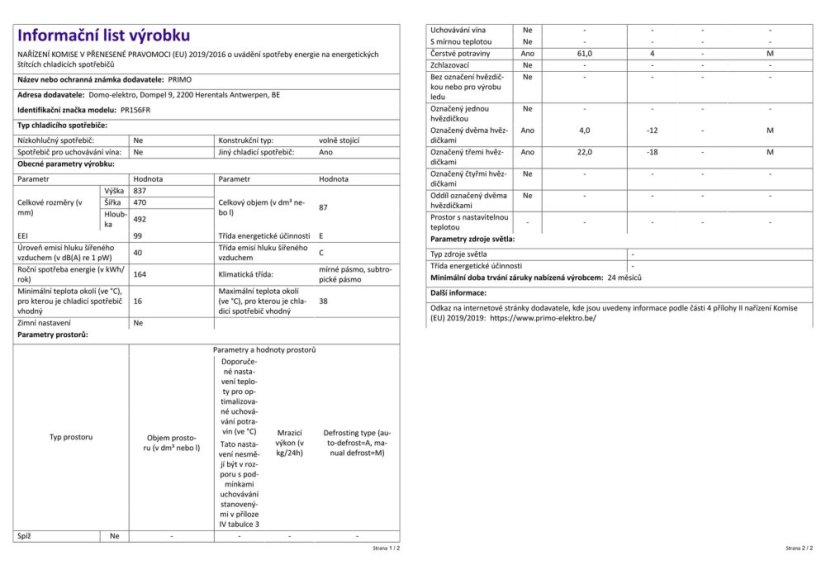 Kombinovaná chladnička PRIMO PR156FR