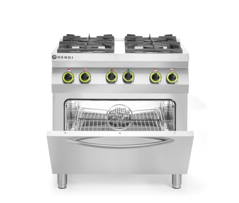 Plynový sporák se 4 hořáky a konvektomatem GN 1/1, HENDI, Kitchen Line, 230V/3000W, 19kW, 800x722x(H)900mm