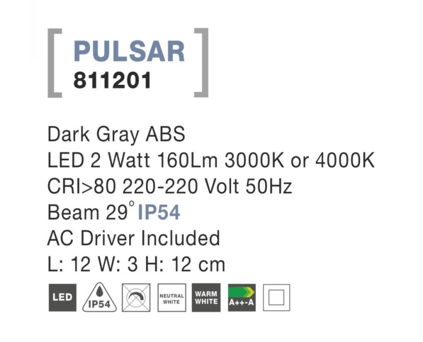 Svítidlo Nova Luce PULSAR STEP GREY 4 schodišťové, IP 54, 2 W