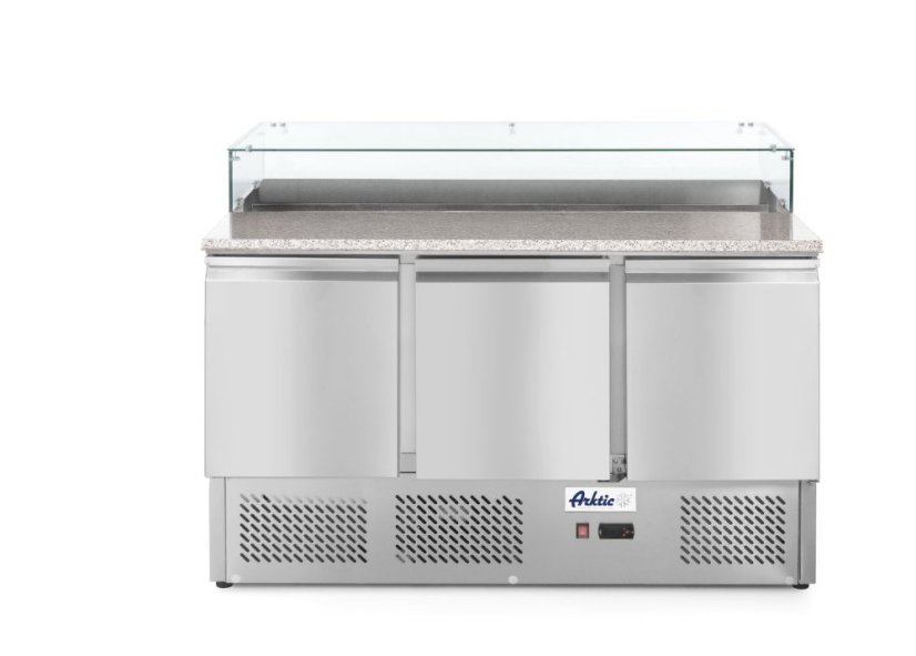 Třídveřový chladicí stůl se skleněným nástavcem a žulovou deskou, Arktic, 254L, 230V/310W, 700x1365x(H)1120mm