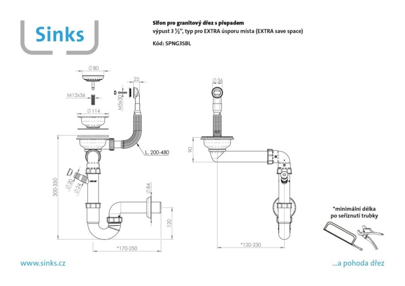 Sinks Sifon 3 ½" pro granit. dřezy s extra úsporou místa- černé komponenty