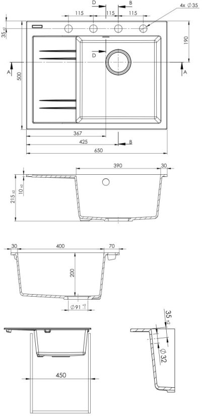 Sinks RIM 650 P Milk pravý