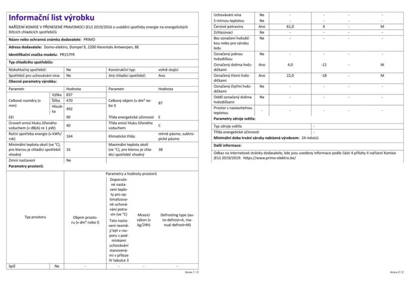 Kombinovaná chladnička PRIMO PR157FR