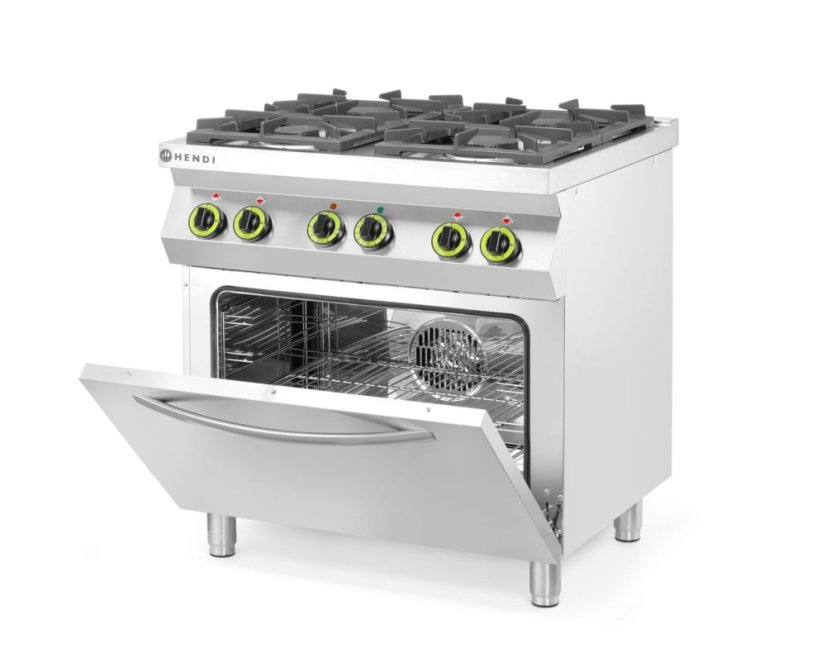 Plynový sporák se 4 hořáky a konvektomatem GN 1/1, HENDI, Kitchen Line, 230V/3000W, 19kW, 800x722x(H)900mm