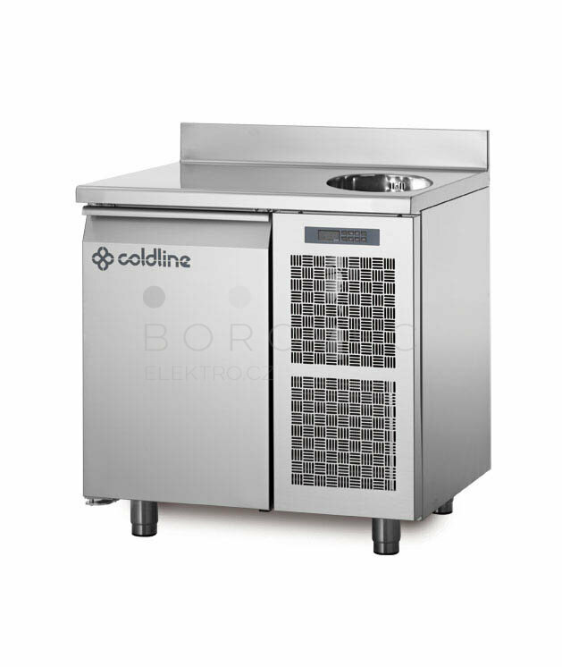 Coldline mrazící stůl TA09/1BS s deskou, dřezem a zadním lemem Coldline mrazící stůl TA09/1BS s deskou, dřezem a zadním lemem