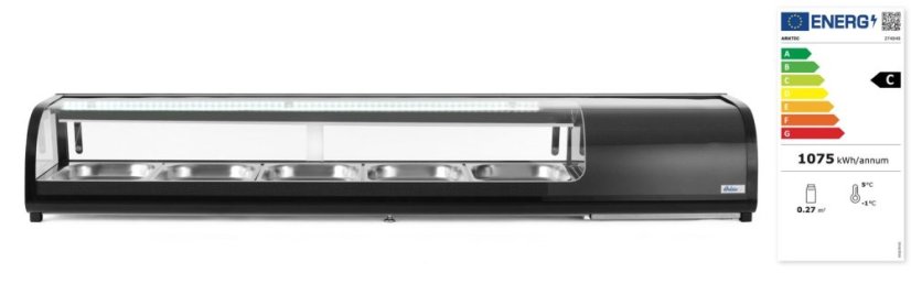 Stojan na Sushi, Arktic, Kapacita: 5x GN 1/2 (V)40 mm (včetně nádob)., Černá, 230V/190W, 420x1800x(H)265mm