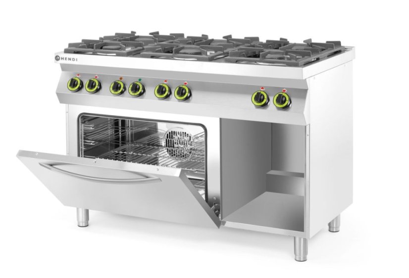Plynový sporák Kitchen Line 6 hořáků s konvektomatem GN 1/1, HENDI, Kitchen Line, 230V/3000W, 28,5kW, 1200x722x(H)900mm